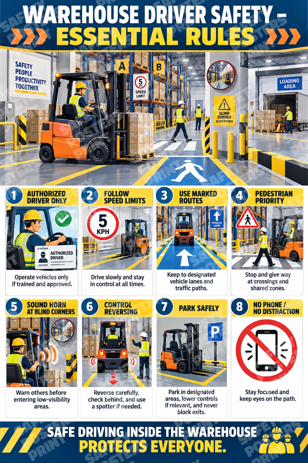 DRV-9 Warehouse Driver Safety Essential Rules. Eight illustrated panels cover authorisation, speed, traffic routes, pedestrians, reversing and parking.