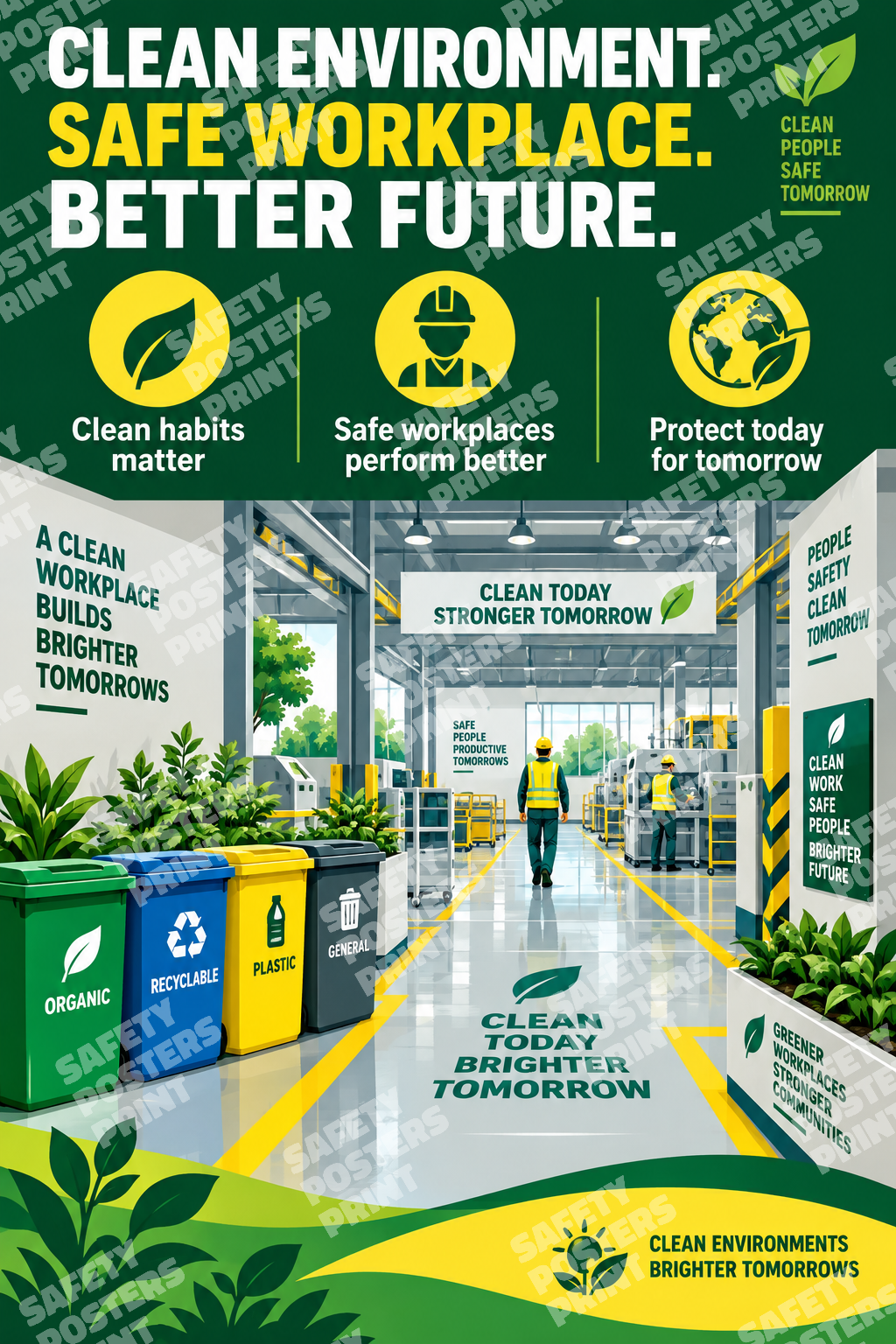 ENV-15 Clean Environment, Safe Workplace, Better Future. Workplace poster about connecting clean environmental practices with safer workplaces and a better future.