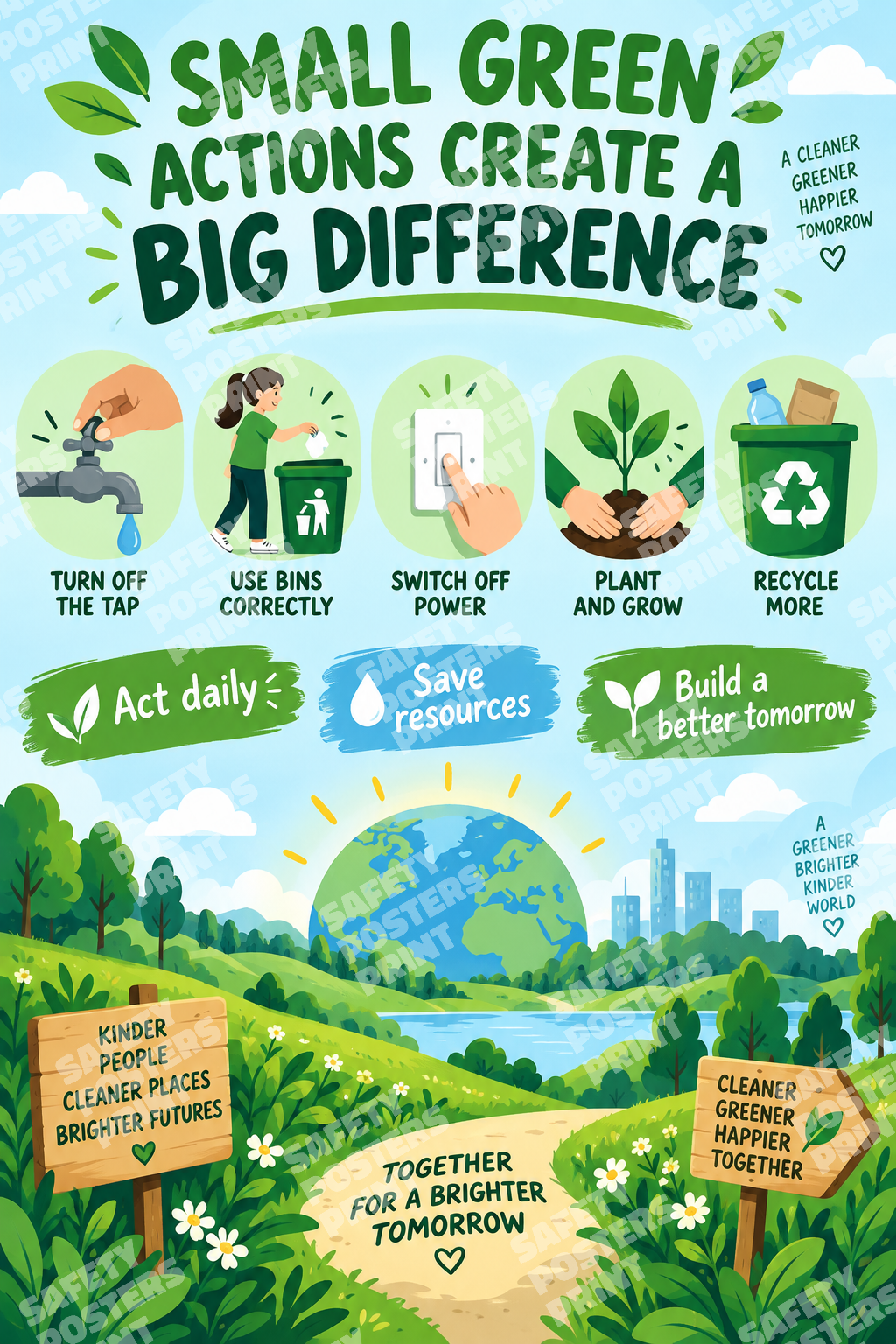 ENV-19 Small Green Actions Create a Big Difference. Workplace poster about simple everyday actions that conserve resources and support a cleaner environment.