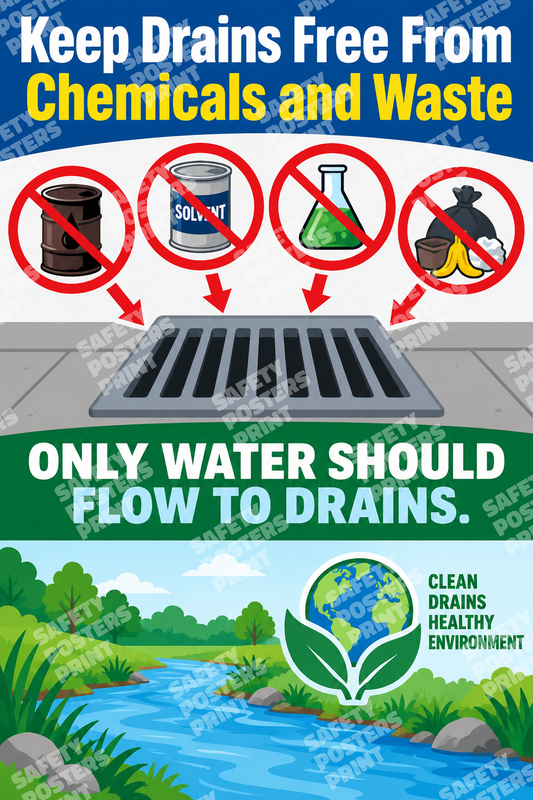 ENV-7 Keep Drains Free from Chemicals and Waste. Workplace poster about preventing chemicals, oils and waste from entering drains.