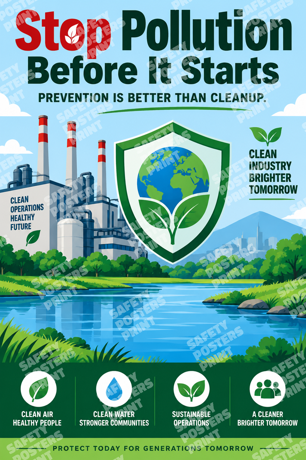 ENV-8 Stop Pollution Before It Starts. Workplace poster about pollution prevention at source and cleaner industrial operations.