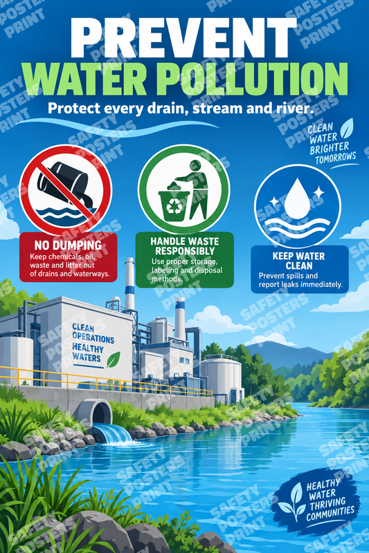 ENV-9 Prevent Water Pollution - Protect Every Drain, Stream and River. Workplace poster about preventing water pollution from dumping, waste and spills.