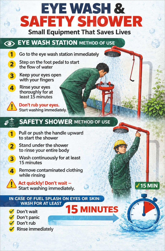 ER-25: Eye Wash and Safety Shower - Emergency Equipment Guide. English vertical workplace safety poster.
