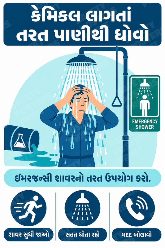 ER-26: Chemical Splash - Use Emergency Shower. Gujarati vertical workplace safety poster.