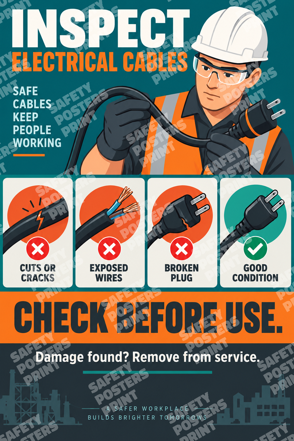 ES-6 Inspect Electrical Cables - Check Before Use. Workplace safety poster.