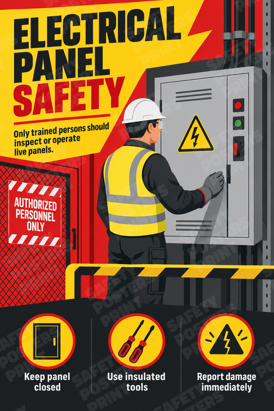 ES-69: Electrical Panel Safety - Authorized Personnel Only. English vertical workplace safety poster.