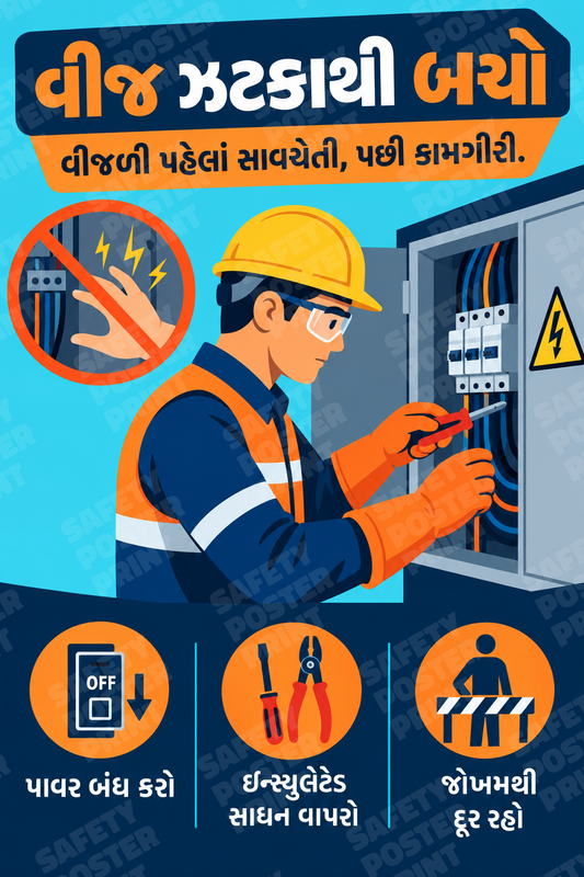 Protect Yourself From Electric Shock - Gujarati vertical safety poster - ES-74