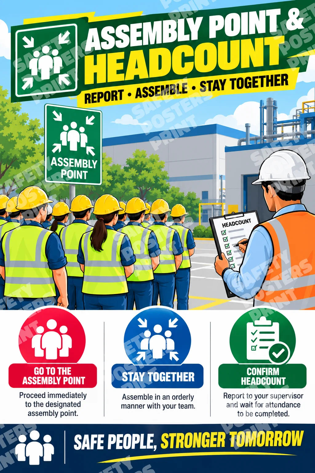 EV-11 Assembly Point and Headcount: reporting to the assembly point, staying together, supervisor attendance checks, waiting for further instructions. Portrait English-language artwork.