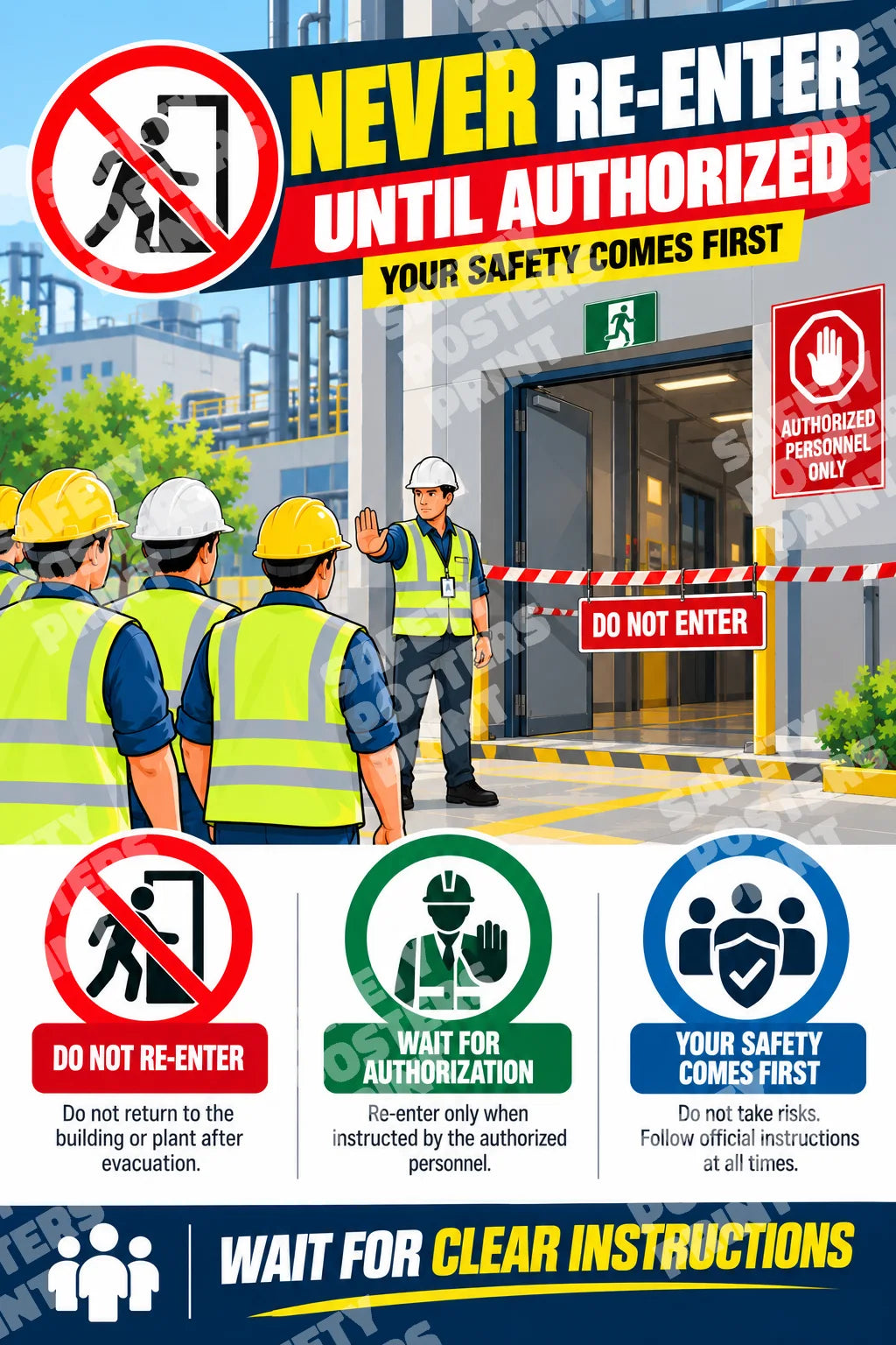 EV-12 Never Re-Enter Until Authorized: re-entry restrictions after evacuation, waiting for authorization, following official instructions, keeping people outside the affected area. Portrait English-language artwork.