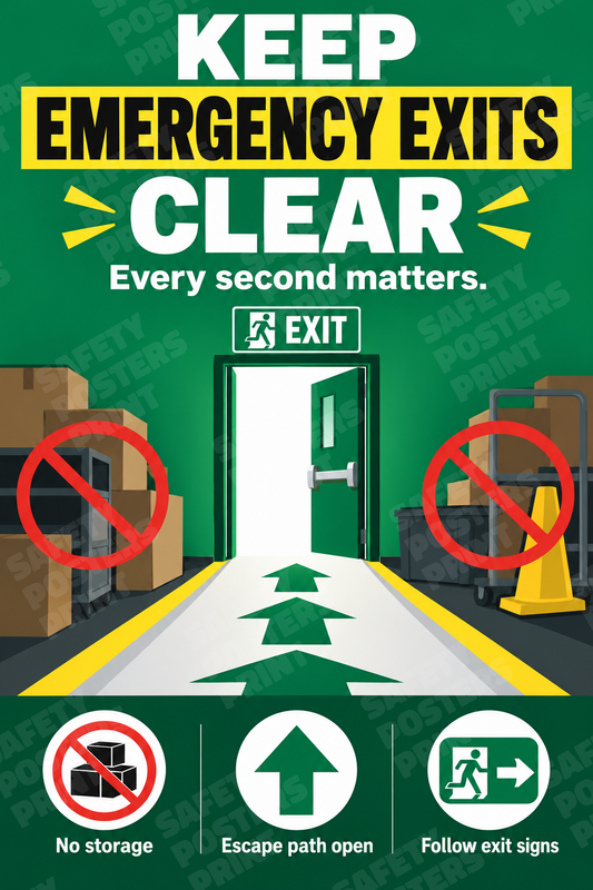 EV-37: Keep Emergency Exits Clear - Escape Path Awareness. English vertical workplace safety poster.