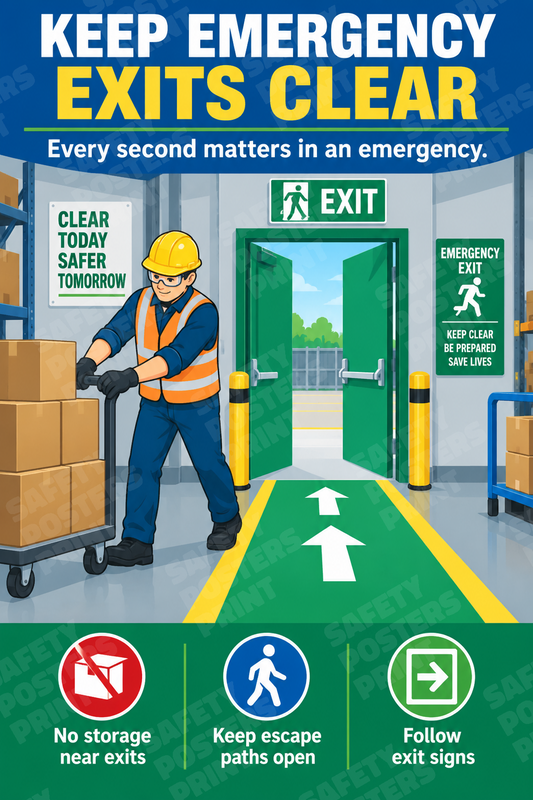 EV-38: Keep Emergency Exits Clear - Clear Today, Safer Tomorrow. English vertical workplace safety poster.
