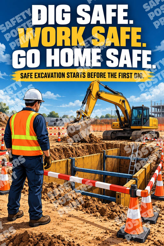 EXC-1 Dig Safe Work Safe Go Home Safe poster showing an excavator, a barricaded trench and a site supervisor.