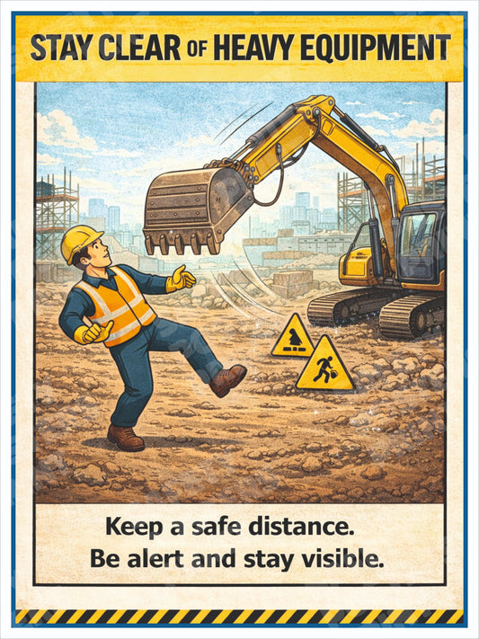 EXC-10 Stay Clear of Heavy Equipment - Keep a Safe Distance. Workplace safety poster.