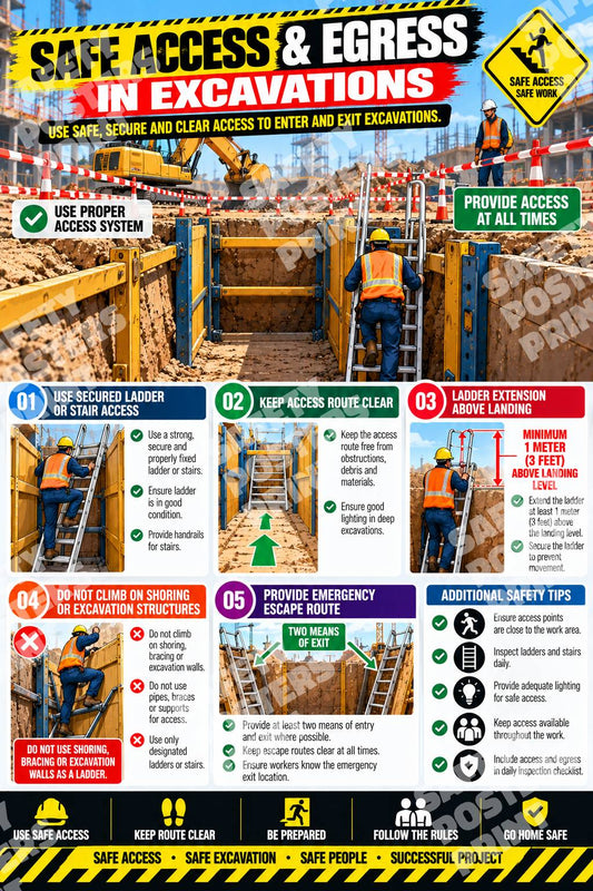 EXC-2 Safe Access and Egress in Excavations poster showing secured ladder access, clear routes and trench escape-awareness reminders.