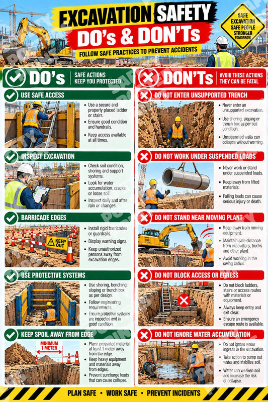 EXC-3 Excavation Safety Do's and Don'ts poster comparing protected access, barricades, inspections and unsafe work near trench edges.