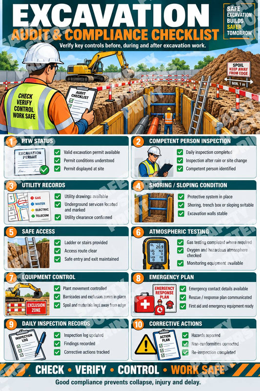 EXC-4 Excavation Audit and Compliance Checklist poster showing excavation inspection, permits, protective systems, access and emergency-preparedness checks.