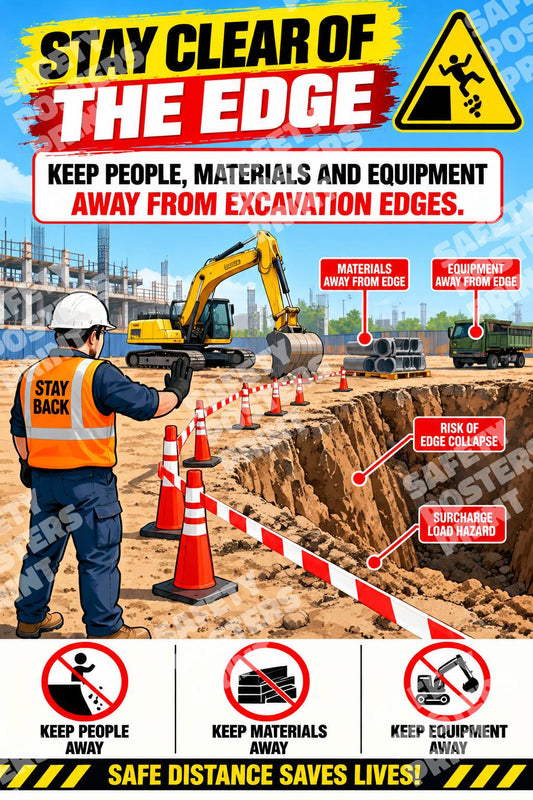 EXC-5 Stay Clear of the Edge poster showing a trench with people, materials and equipment kept away from the excavation edge.