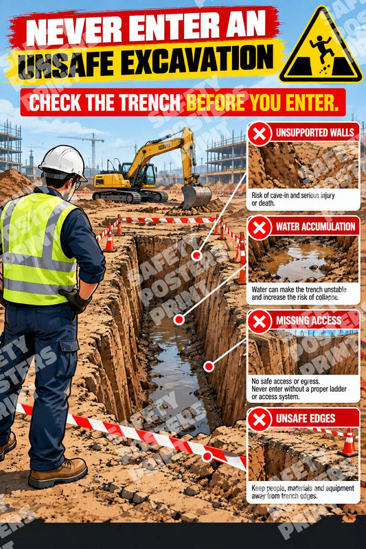 EXC-6 Never Enter an Unsafe Excavation poster showing restricted trench entry and reminders about inspection and protective measures.
