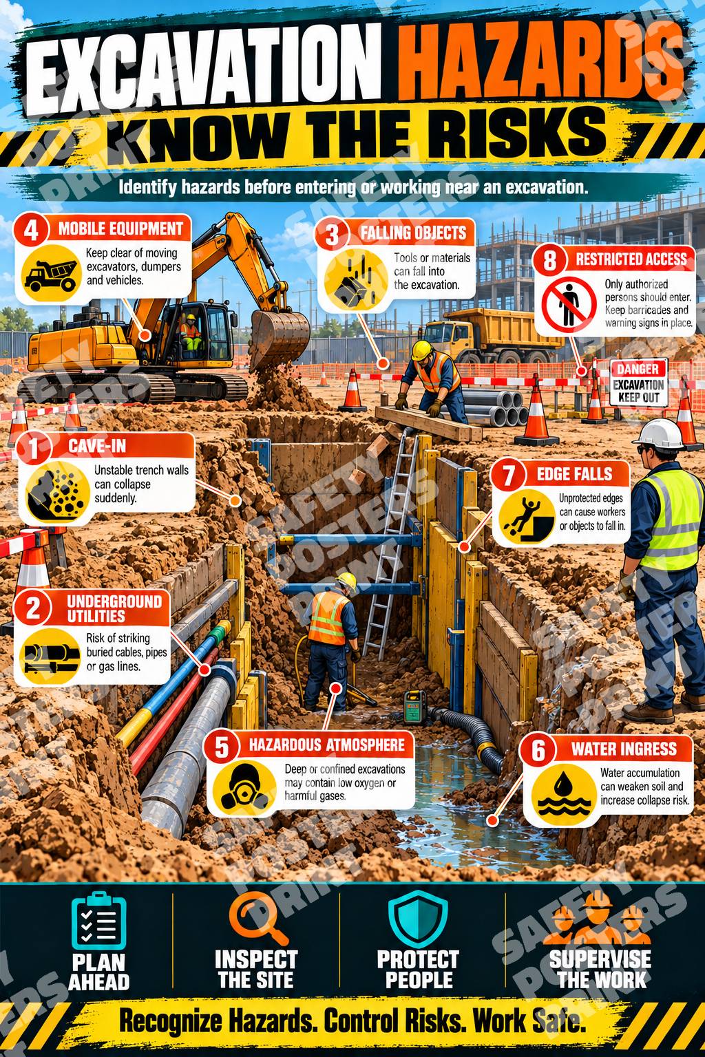 EXC-7 Excavation Hazards Know the Risks poster showing a trench with illustrated collapse, utility, water, atmosphere and equipment hazards.