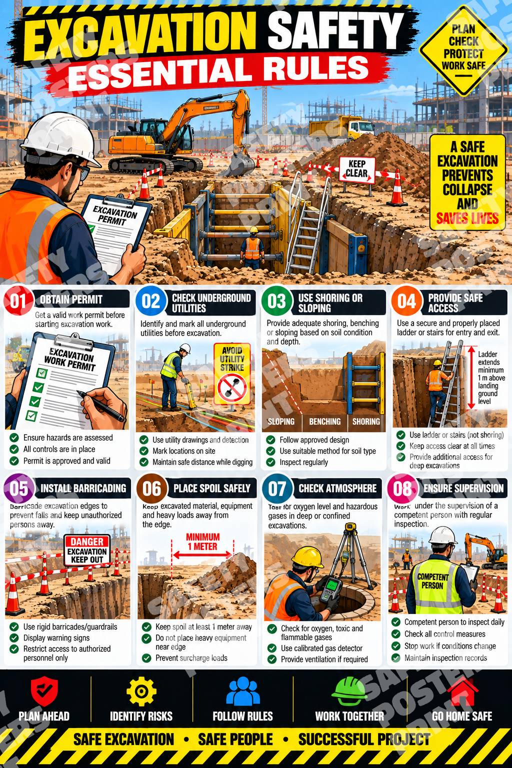EXC-8 Excavation Safety Essential Rules poster showing a protected trench and reminders about permits, utilities, inspections, access and edge control.