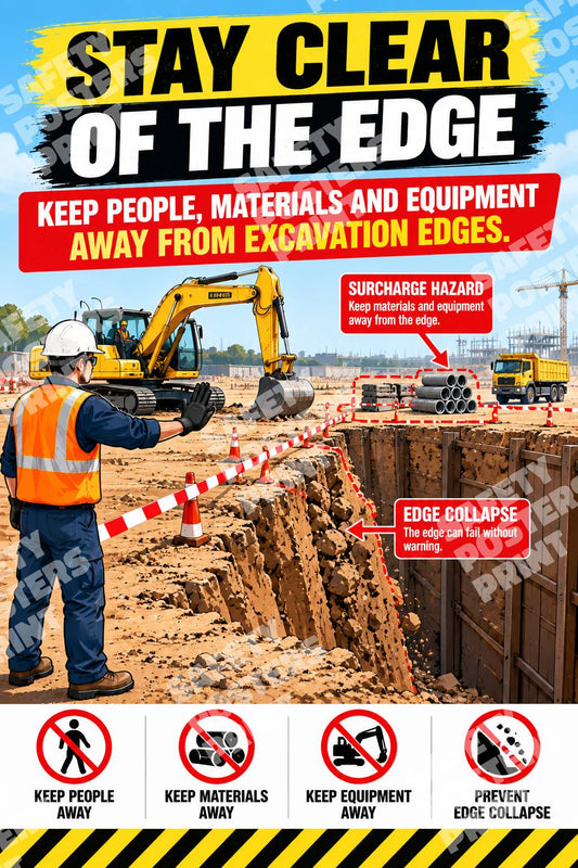 EXC-9 Stay Clear of the Edge poster showing an excavation with surcharge and collapsing-edge hazards, and separation reminders for people and equipment.