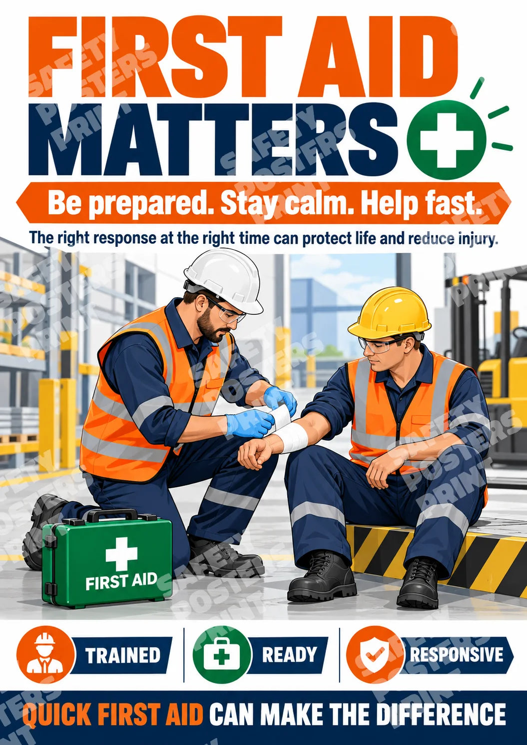 FA-1 First Aid Matters: first-aid preparedness, trained responders, staying calm, readiness to help. Portrait English-language artwork.