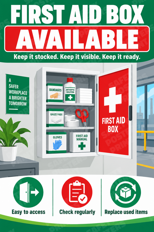 FA-16: First Aid Box Available - Keep It Ready. English vertical workplace safety poster.