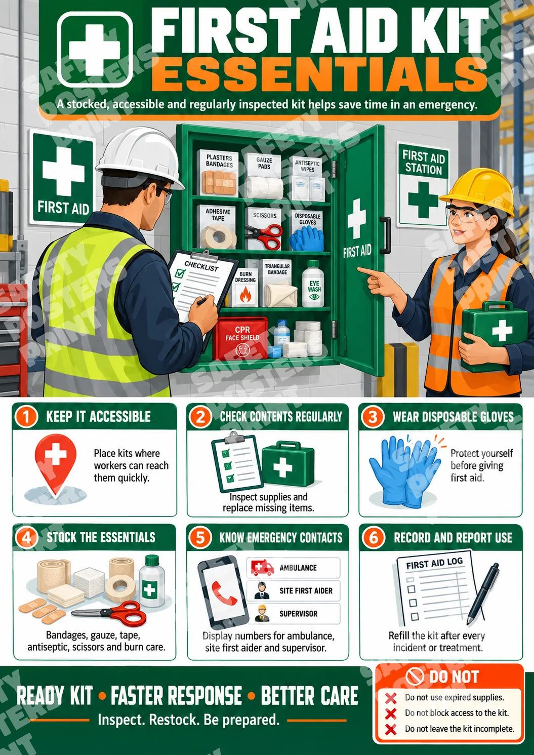 FA-4 First Aid Kit Essentials: accessible first-aid kits, checking and replenishing contents, gloves and basic supplies, emergency contact information. Portrait English-language artwork.