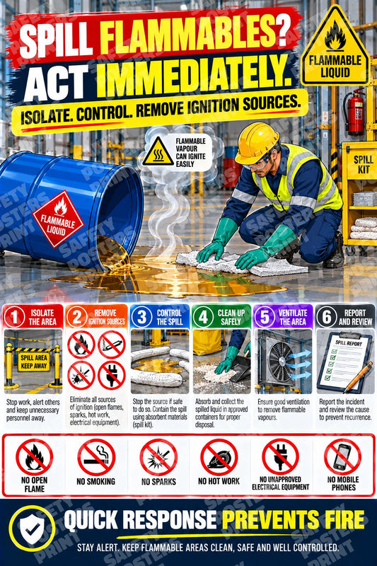 FLM-11 Spill Flammables? Act Immediately - Six-Step Guide. A protected worker contains a flammable-liquid spill with response reminders.