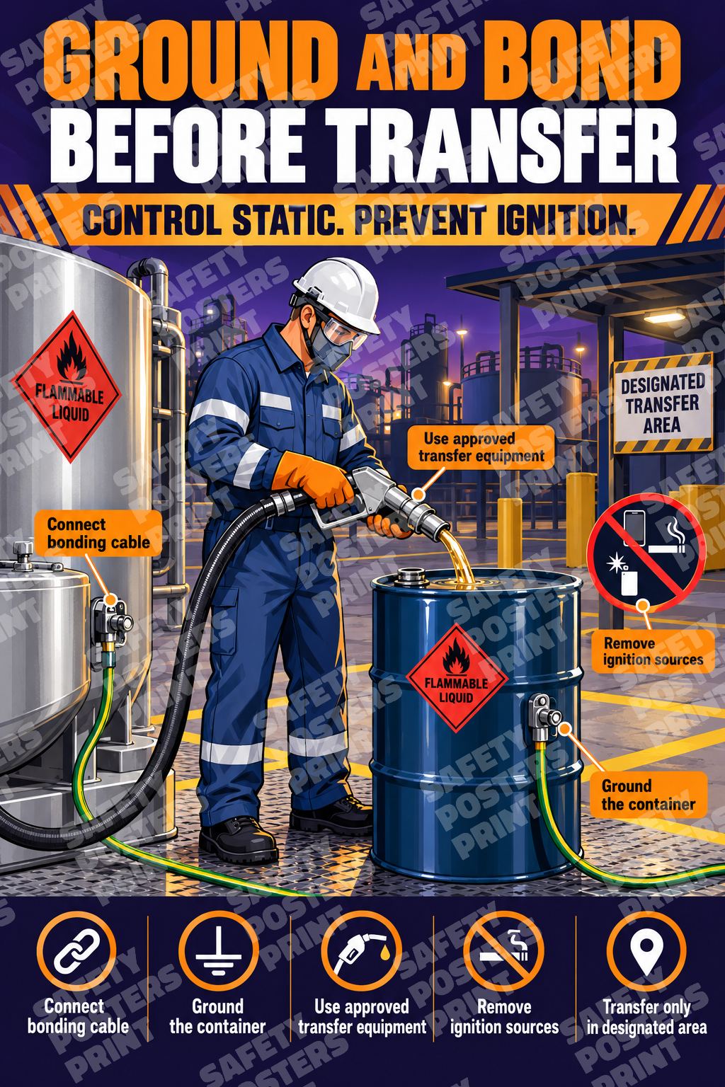 FLM-8 Ground and Bond Before Transfer. A worker transfers flammable liquid with labelled grounding and bonding connections.