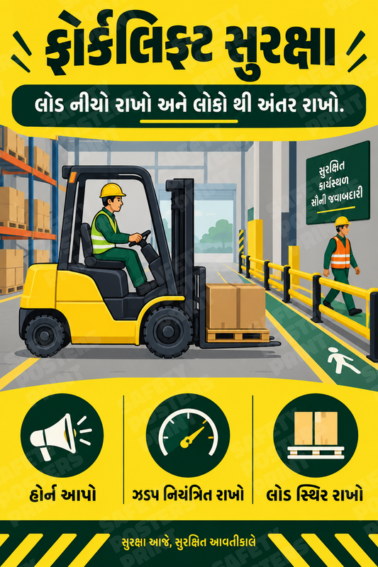 FLT-50: Forklift Safety - Keep Loads Low and Maintain Distance. Gujarati vertical workplace safety poster.