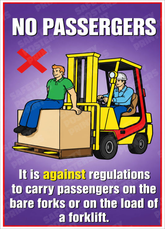 FLT-51: No Passengers on Forks or Forklift Loads. English vertical workplace safety poster.