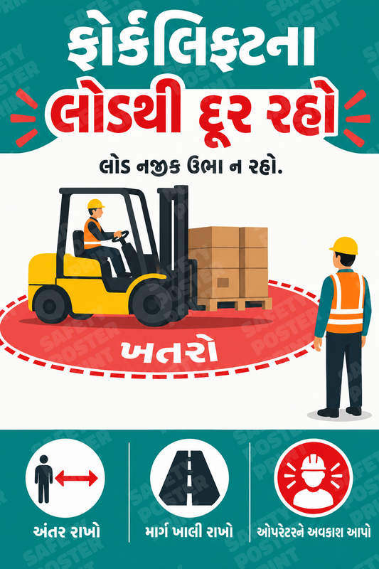 Stay Clear of Forklift Loads - Gujarati vertical safety poster - FLT-52