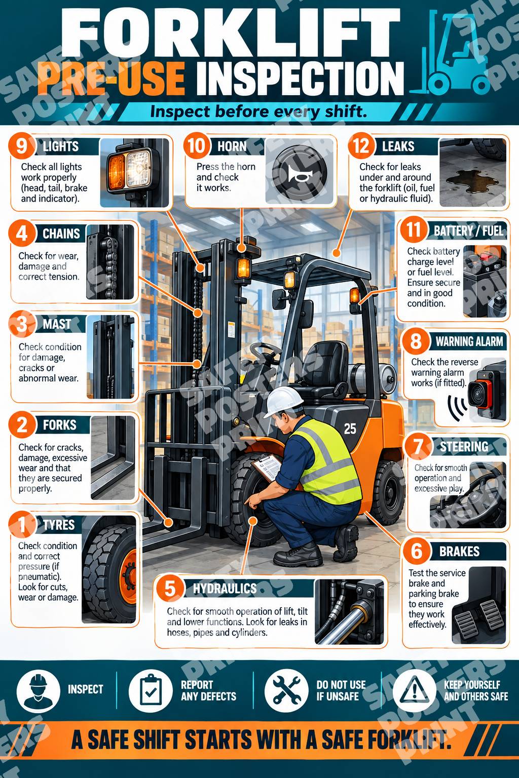FLT-6 Forklift Pre-Use Inspection poster showing twelve labelled component checks for tyres, forks, mast, brakes, controls, warning devices and fluid leaks.