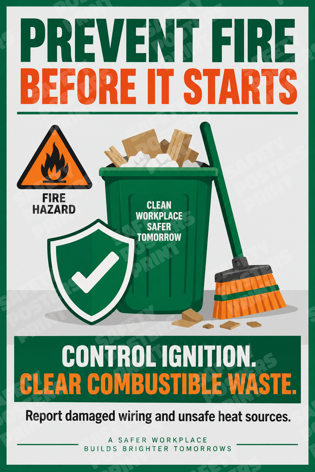 FP-14 Prevent Fire Before It Starts - Control Ignition, Clear Combustible Waste. Workplace safety poster.