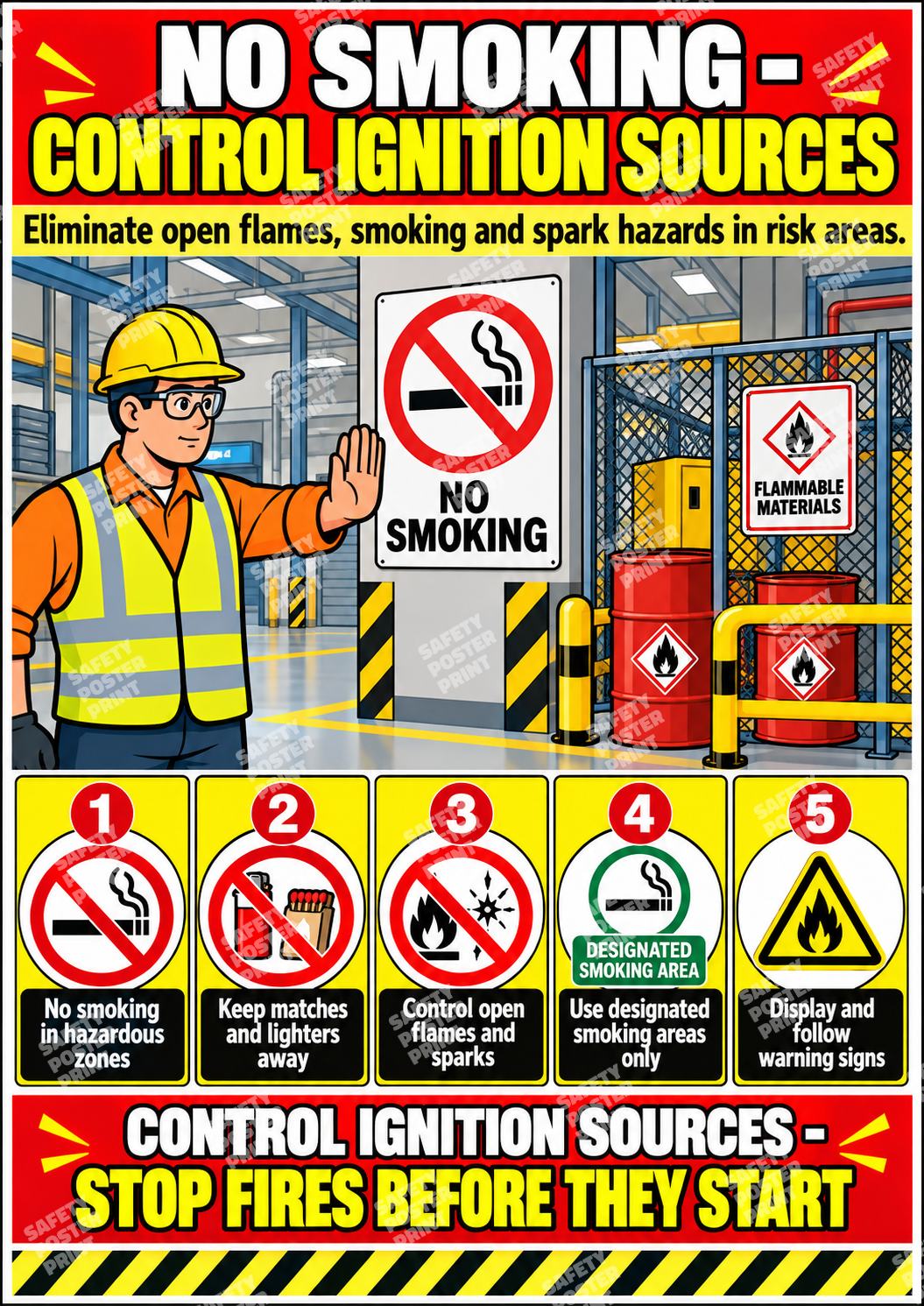 FP-4 No Smoking - Control Ignition Sources poster showing a no-smoking sign and five reminders for managing ignition hazards.
