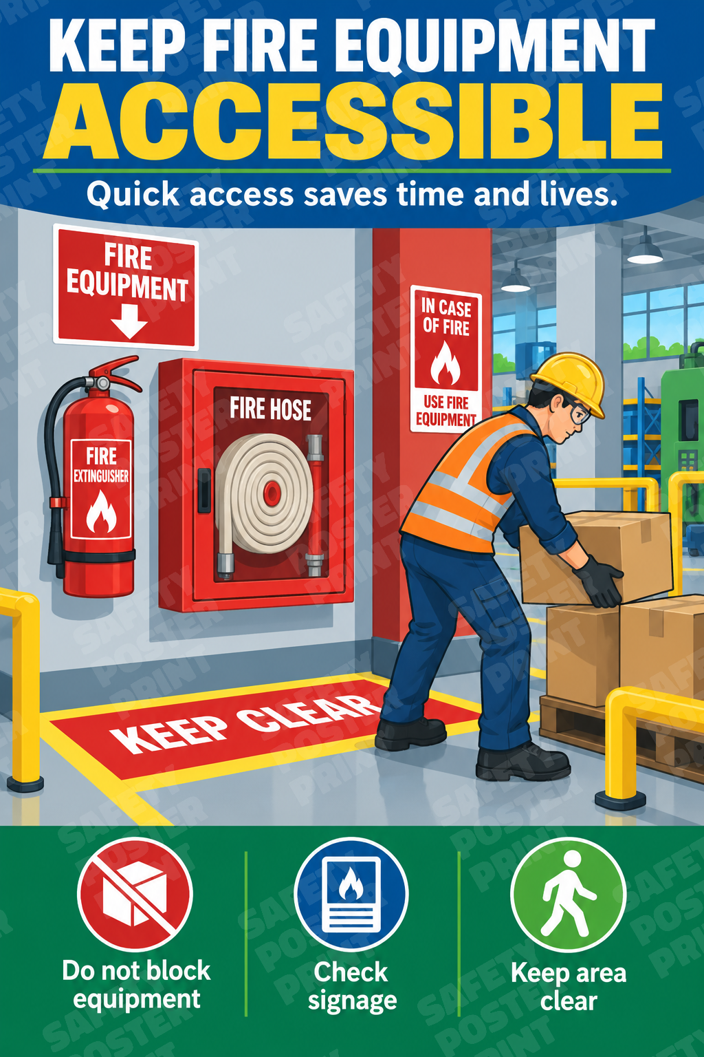 Keep Fire Equipment Accessible - Clear the Area - English vertical safety poster - FP-60