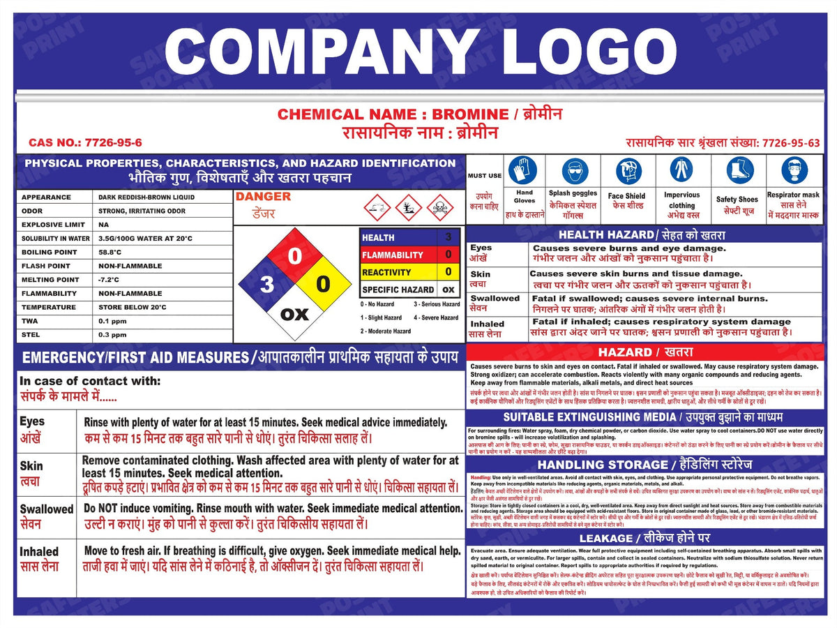 Bromine MSDS SDS landscape chemical safety poster CAS 7726-95-6