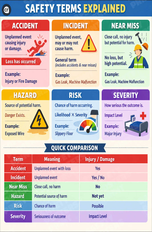 GS-124: Safety Terms Explained - Accident, Incident and Near Miss. English vertical workplace safety poster.