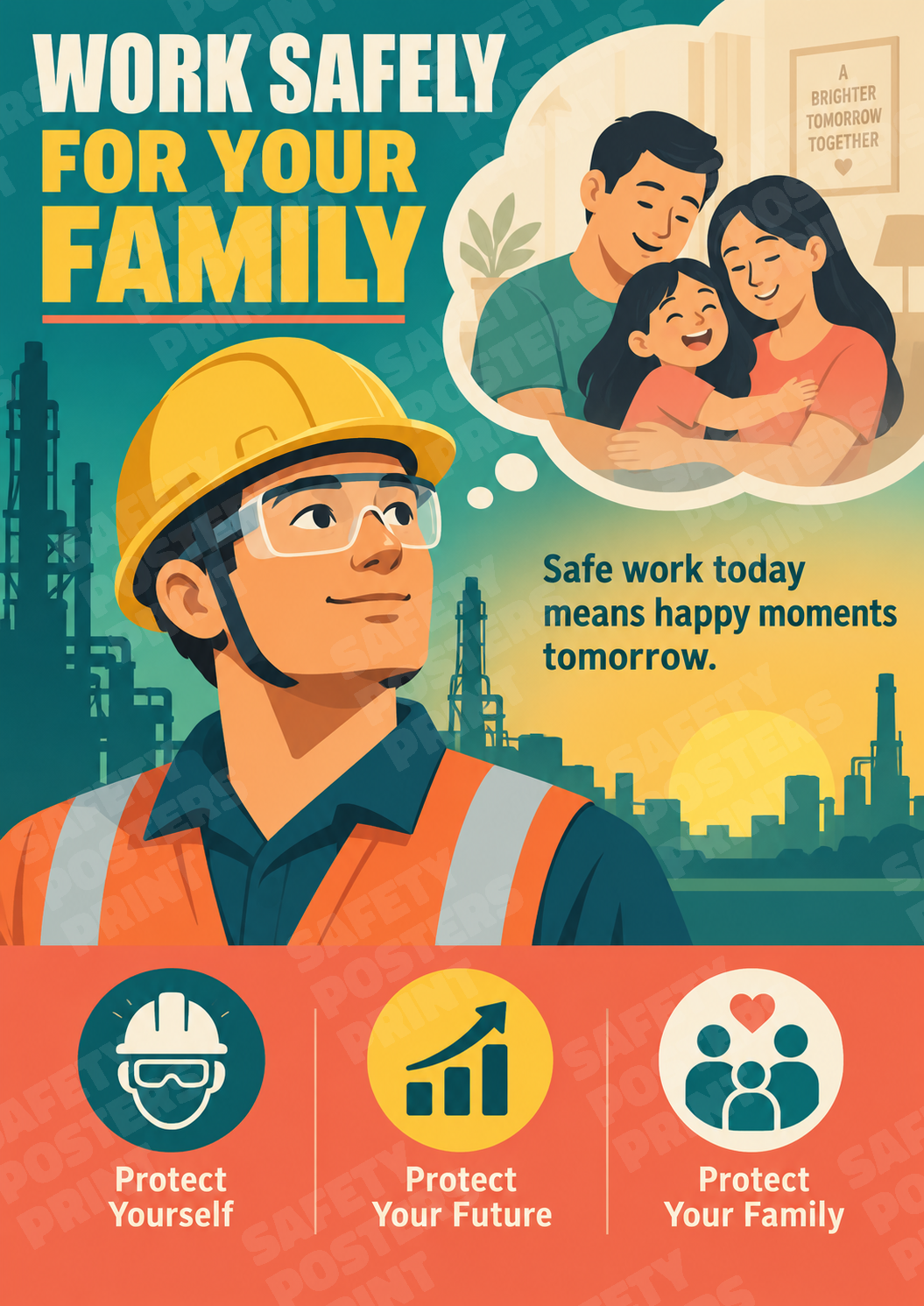 GS-126: Work Safely for Your Family. English vertical workplace safety poster.