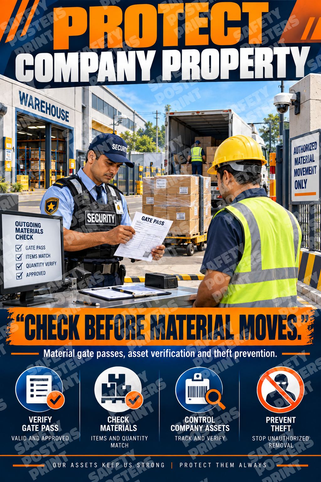GS-13 Protect Company Property - Photo-Style Guide. Security staff check a gate pass beside a goods vehicle.