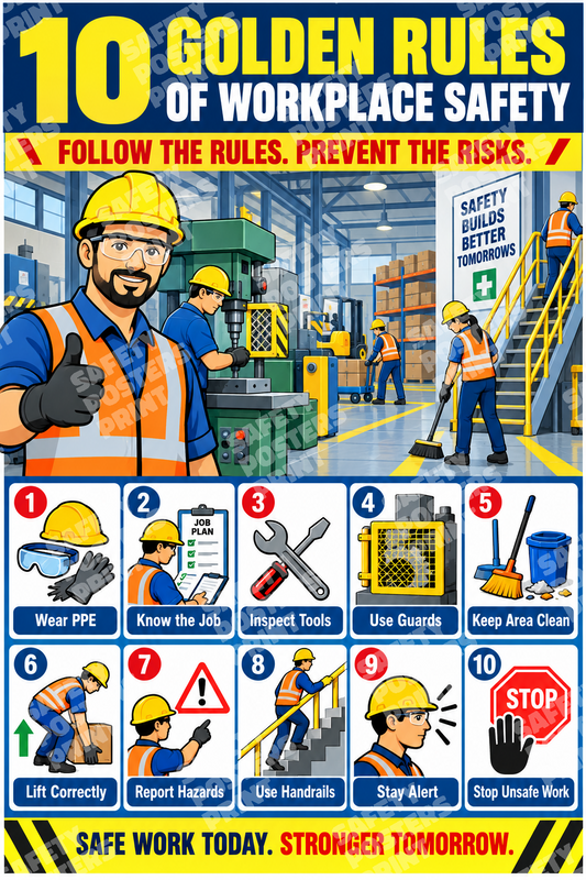 GS-23 10 Golden Rules of Workplace Safety - Follow the Rules, Prevent the Risks. Workplace safety poster.