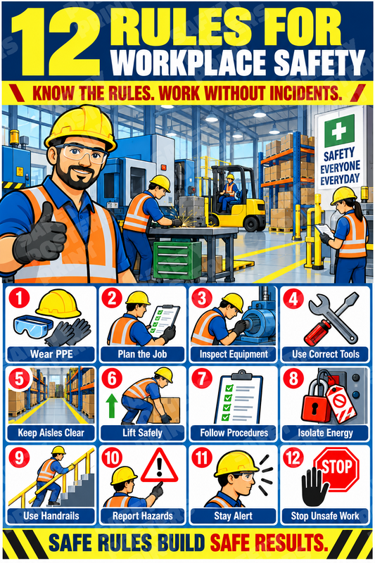 GS-26 12 Rules for Workplace Safety - Know the Rules, Work Without Incidents. Workplace safety poster.