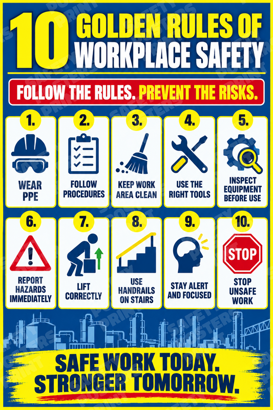 GS-29 10 Golden Rules of Workplace Safety - Follow the Rules, Prevent the Risks. Workplace safety poster.