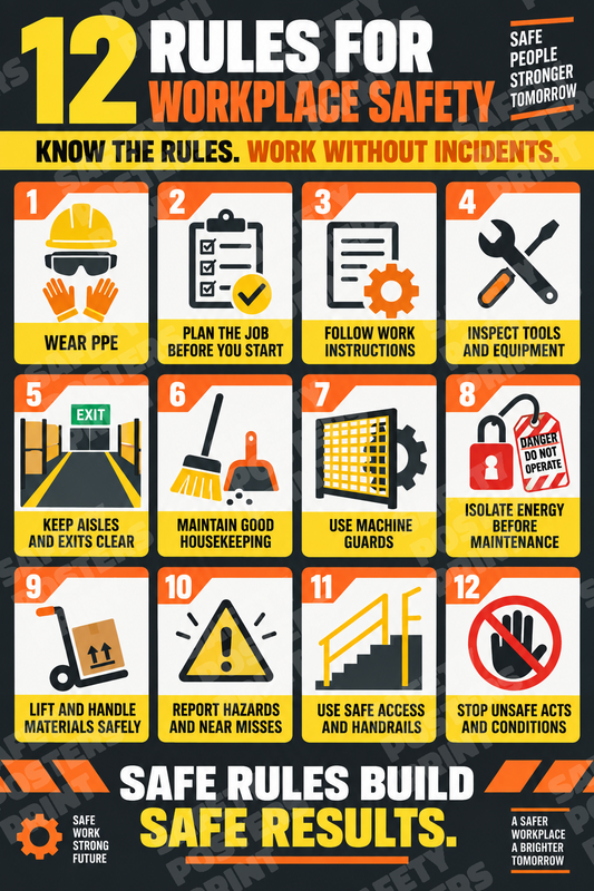 GS-31 12 Rules for Workplace Safety - Safe Rules Build Safe Results. Workplace safety poster.