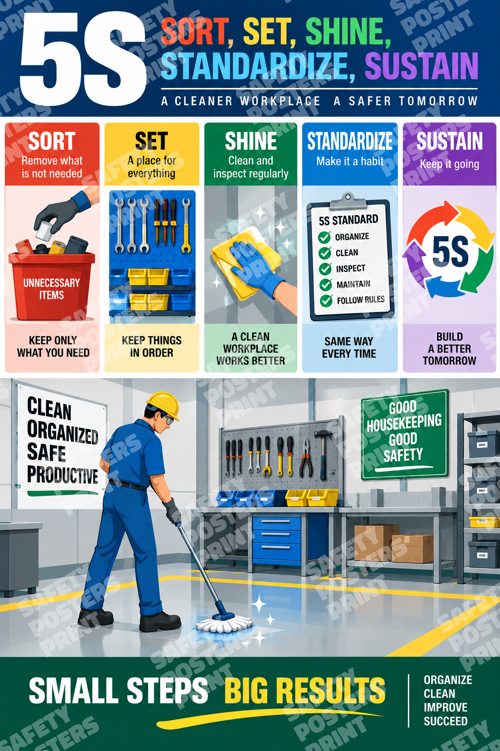 H5S-11 5S - Sort, Set, Shine, Standardize, Sustain for a Safer Tomorrow. Workplace safety poster.
