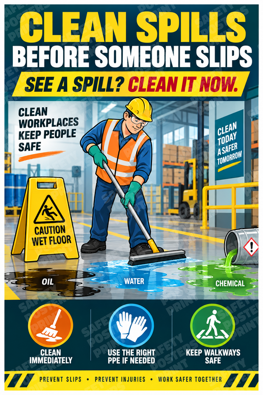 H5S-26 Clean Spills Before Someone Slips - See a Spill, Clean It Now. Workplace safety poster.