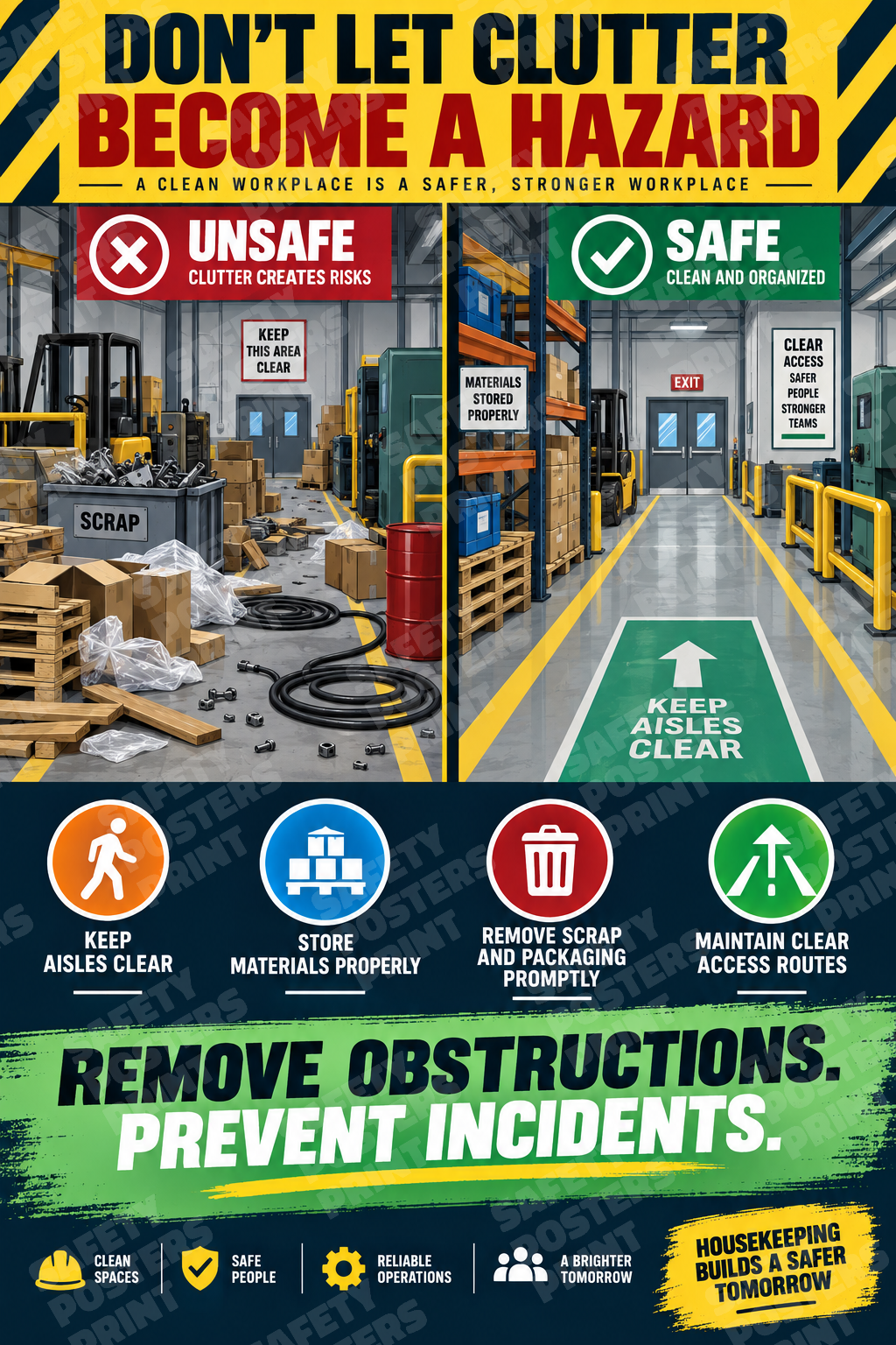 H5S-29 Don't Let Clutter Become a Hazard - Remove Obstructions, Prevent Incidents. Workplace safety poster.