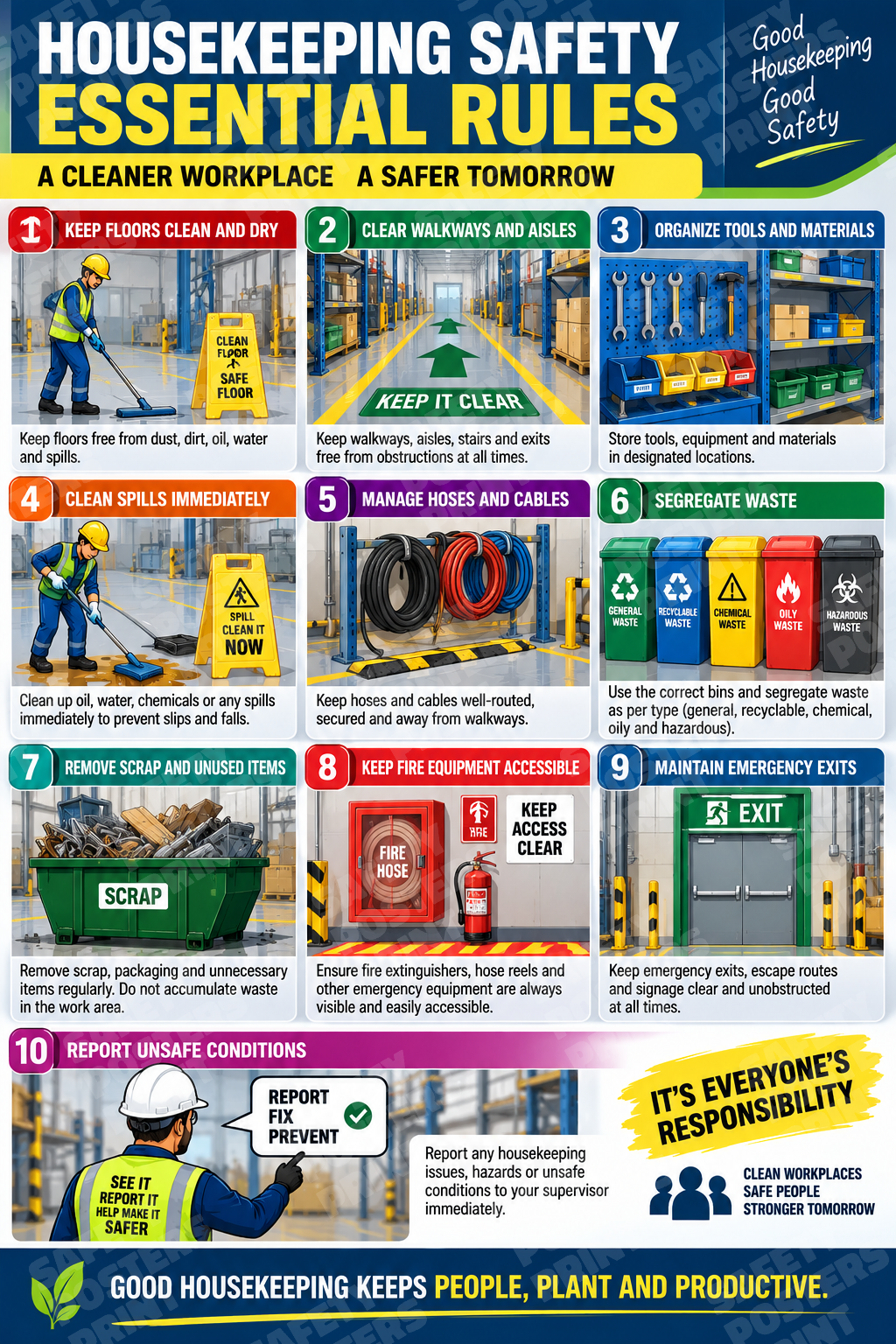 H5S-31 Housekeeping Safety - Essential Rules for a Cleaner, Safer Workplace. Workplace safety poster.