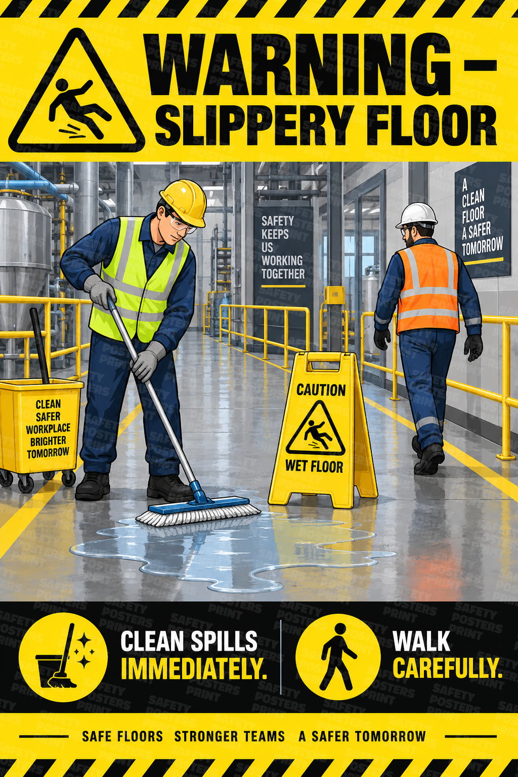 Warning Slippery Floor - Clean Spills Immediately, Walk Carefully safety poster